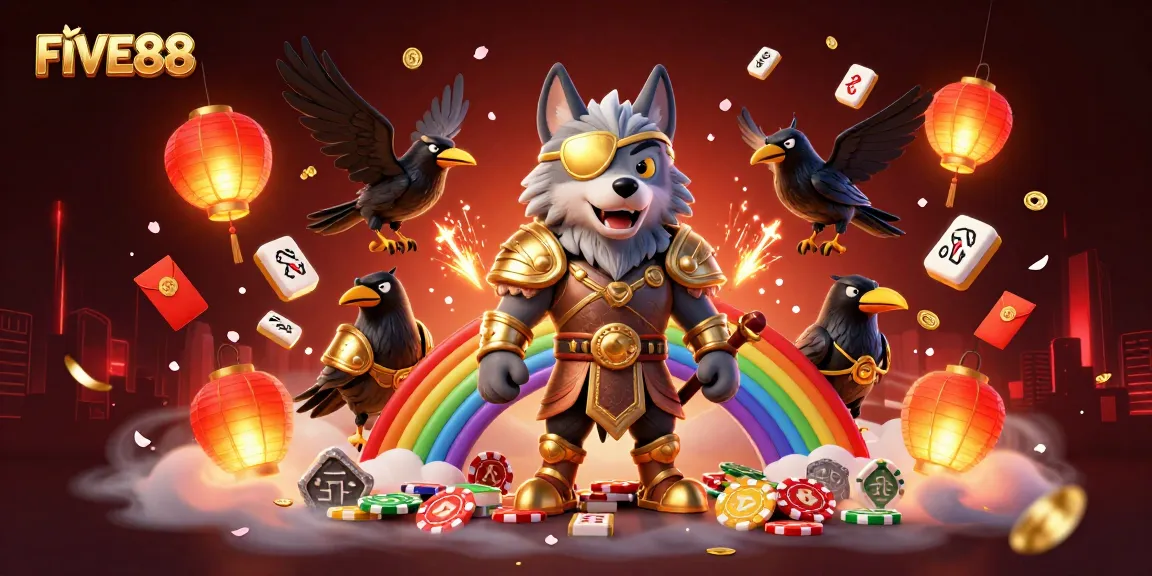 The FIVE88 scene showcases mythical Norse characters with casino elements in a vibrant 3D illustration.