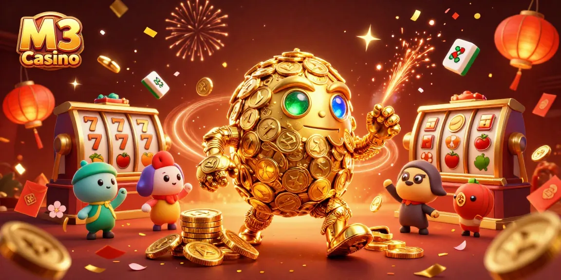 M3 Casino brings vibrant 3D celebrate with a golden golem surrounded by slot elements.