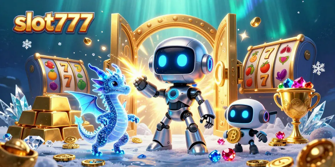 Engage with slot777 as a vibrant 3D illustration showcasing neon robots and gold treasures in a casino-themed scene.